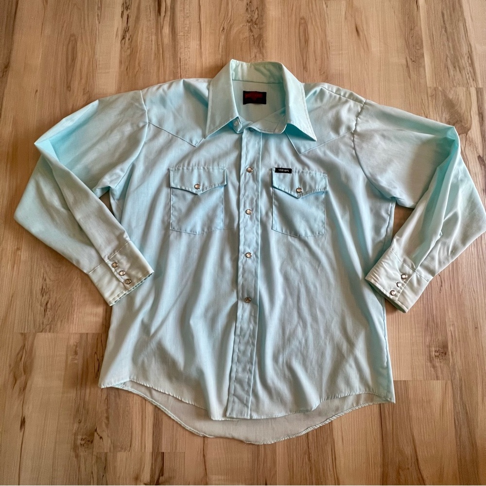 Vintage Stir-UPS Light Blue Long Sleeve Pearl Snap Shirt Cowboy Western XL 17.5